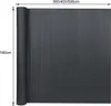 A rolled-up dark grey PVC privacy screen is shown, with dimensions indicated. Produktbild-Vorschau