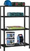 A black metal shelving unit with various items stored on its shelves, including tools, a bag of soil, and paint buckets. Náhled obrázku produktu