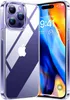A clear protective case for an Apple iPhone 15 Pro Max is shown, with the phone's screen displaying the time and weather. Produktbild-Vorschau