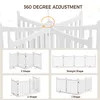 A collage of images showing a white wooden pet gate in various configurations and demonstrating its 360-degree adjustability. Podgląd zdjęcia produktu