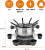 A fondue set with its accessories and dimensions shown. Produktbild-Vorschau