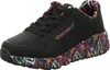 A single black Skechers sneaker with colorful heart-shaped graffiti on the sole and lining. Voir les images du produit