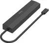 A black USB-C hub with a connected cable and USB-C connector, shown on a white background. Produktbild-Vorschau