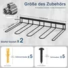 A collage showing a black metal boot rack with dimensions and included hardware, along with a close-up of stainless steel tubes and German text labels. Produktbild-Vorschau