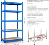 A blue metal shelving unit with wooden shelves, shown in a studio setting with descriptive text and dimensions. Produktbild-Vorschau