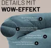 Close-up of a teal beanbag chair with text overlays highlighting its features. Náhľad obrázku produktu
