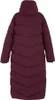 A back view of a long, quilted, burgundy puffer jacket. Voir les images du produit
