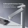 A white faucet is shown next to a smartphone on a white surface, with text overlays. Produktbild-Vorschau