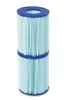 Two stacked cylindrical pool filter cartridges with blue end caps and light blue pleated filter material. Produktbild-Vorschau