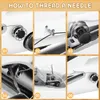 A collage of six close-up images demonstrating how to thread a needle on a sewing machine. Produktbild-Vorschau
