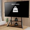 A TV stand with shelves, displaying weight capacity information on the screen and shelves. Produktbild-Vorschau