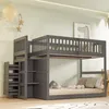 A grey bunk bed with stairs and drawers, set in a child's bedroom with decorations.