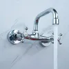 A chrome-plated wall-mounted faucet with two handles, one marked 'C' and the other 'H', is shown with water flowing from the spout. Produktbild-Vorschau