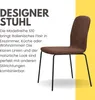 A brown designer chair with black legs is shown against a white and yellow background, with descriptive text about the chair. Produktbild-Vorschau
