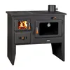 A black wood-burning stove with an oven and stovetop, shown against a white background. Produktbild-Vorschau