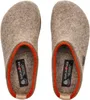 A pair of beige wool slippers with orange trim, viewed from above. Produktbild-Vorschau
