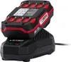 A black and red battery charger with a battery pack on top, shown against a white background. Produktbild-Vorschau