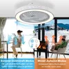 A split image showing a modern ceiling fan with lights installed in a room. The left side depicts a woman sitting in a room with curtains and a table, with blue arrows indicating downward airflow for a cooling effect in summer. The right side shows a perso Náhľad obrázku produktu