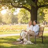 A couple and their dog relaxing on a park bench under a tree. Produktbild-Vorschau