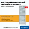 A white beverage refrigerator with six shelves, presented with marketing text and an energy efficiency label. Produktbild-Vorschau