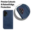 A blue flip case for a Samsung Galaxy A32 5G phone is shown, with a close-up inset highlighting the camera cutouts and raised edge protection. Náhled obrázku produktu