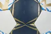 A close-up view of a blue, white, and gold soccer ball. Produktbild-Vorschau