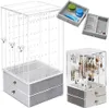 A collage of acrylic jewelry organizers with velvet drawers, displaying various types of jewelry. Voir les images du produit