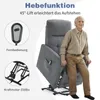 An elderly man is sitting in a gray recliner chair that is partially lifted, demonstrating its lift function. There are also close-up images of the remote control and the chair's lifting mechanism. Náhľad obrázku produktu