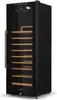 A full shot of a tall, black wine cooler with a glass door and wooden shelves. Produktbild-Vorschau