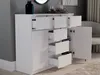 A white dresser with multiple drawers and a cabinet door open, showing some items inside. It is placed against a gray wall with a rug in front. Anteprima dell’immagine prodotto