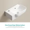 A white ceramic sink mounted on a light beige wall, with text describing its features below. Produktbild-Vorschau