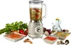 A retro-style blender is shown with ingredients and finished soup, suggesting its use for making soup. Produktbild-Vorschau