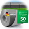 A roll of grey privacy screen material is shown in the foreground, with a fence and grass in the background. There is also a green label with product information. Produktbild-Vorschau