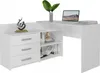A white corner computer desk with drawers and shelves, featuring a laptop, books, and a decorative sculpture. Anteprima dell’immagine prodotto