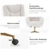Collage of close-up images and feature callouts for a cream-colored office chair with gold legs. Produktbild-Vorschau