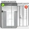 A collage showing a frameless shower door (left) with a checkmark and a framed shower door (right) with a cross mark, illustrating a preference for the frameless design. The left side shows a shower enclosure with a window behind it, and the right side sho Produktbild-Vorschau