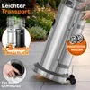 A patio heater is shown tilted on a tiled patio with a garden in the background. Text overlays highlight features like easy transport, available colors, and practical wheels. A hand is shown interacting with a recessed handle. Produktbild-Vorschau