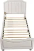 A white upholstered twin bed frame with a slatted mattress support. Náhled obrázku produktu