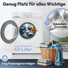 A Bomann washing machine with its door open, showing laundry inside, and a basket of clean laundry next to it. Text highlights features like drum volume and capacity. Produktbild-Vorschau