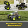 A collage of three images showing a remote-controlled monster truck in different environments: on pavement, in water, and on grass. The bottom section has text overlay. Produktbild-Vorschau
