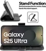 A flip case for a Samsung Galaxy S25 Ultra phone, shown in both an open and closed position, with text describing its stand function. Produktbild-Vorschau