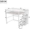 A diagram showing the dimensions of a white loft bed with stairs. Voir les images du produit
