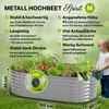A raised garden bed filled with plants, with a child watering them. The image includes text overlays highlighting product features. Produktbild-Vorschau
