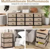 A collage of images showing a fabric dresser with drawers in different settings: a large storage unit, a bedside table, and a side table next to a sofa. Podgląd zdjęcia produktu