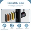 A close-up view of a black faucet with layered material samples and feature icons below. Produktbild-Vorschau