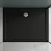 A top-down view of a black rectangular shower tray with a silver drain. Produktbild-Vorschau