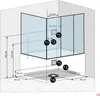 Diagram showing dimensions and placement of electrical outlets and drainage for a shower enclosure. Produktbild-Vorschau
