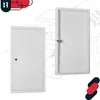 Two white revision doors are shown against a blueprint background of a house. Produktbild-Vorschau