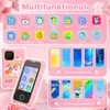 A pink children's smartphone with various app icons displayed on its screen, surrounded by marketing graphics showcasing different features and backgrounds. Produktbild-Vorschau