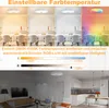 Collage showing different color temperatures and brightness levels of a ceiling light, and two lifestyle shots of the light in different room settings. Produktbild-Vorschau